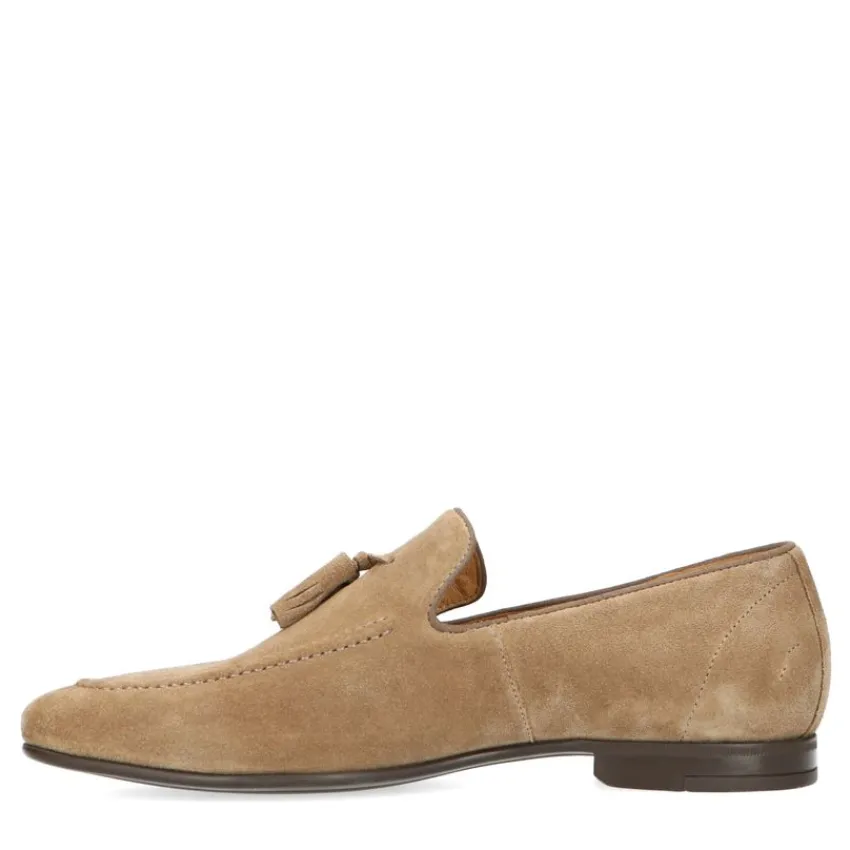Manfield Taupe suède loafers met kwastjes^Heren Loafers