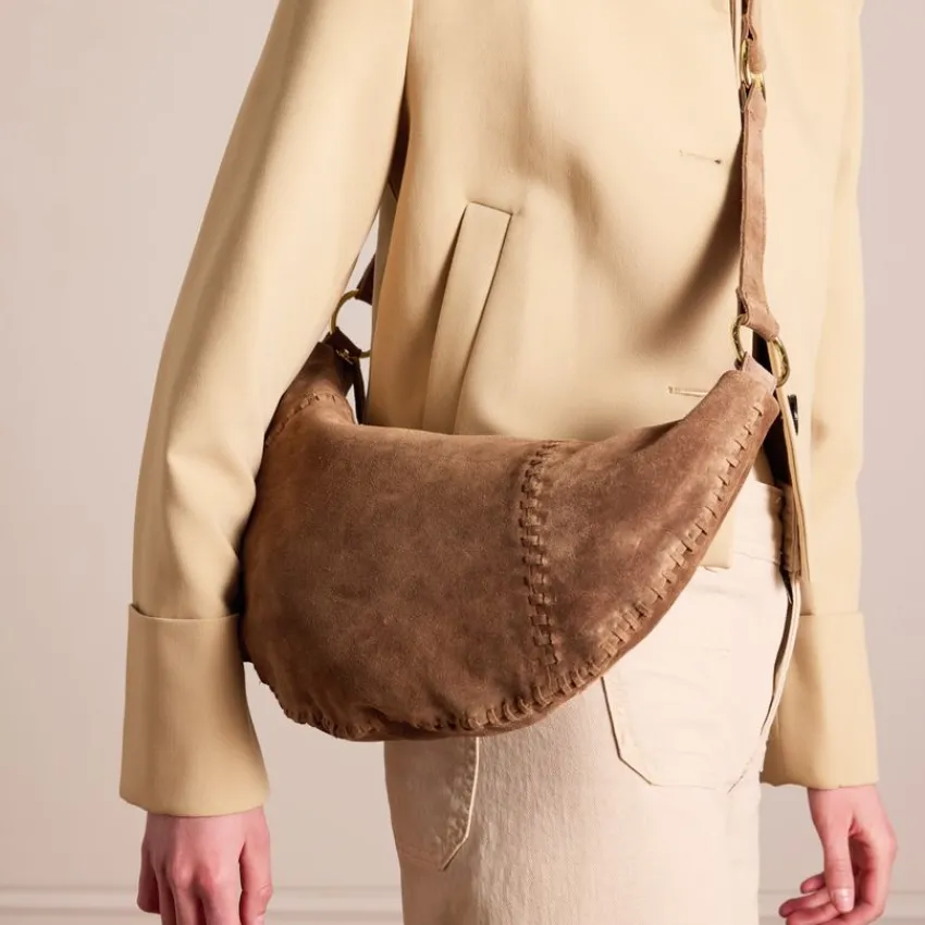 Manfield Taupe suède schoudertas^ Schoudertassen