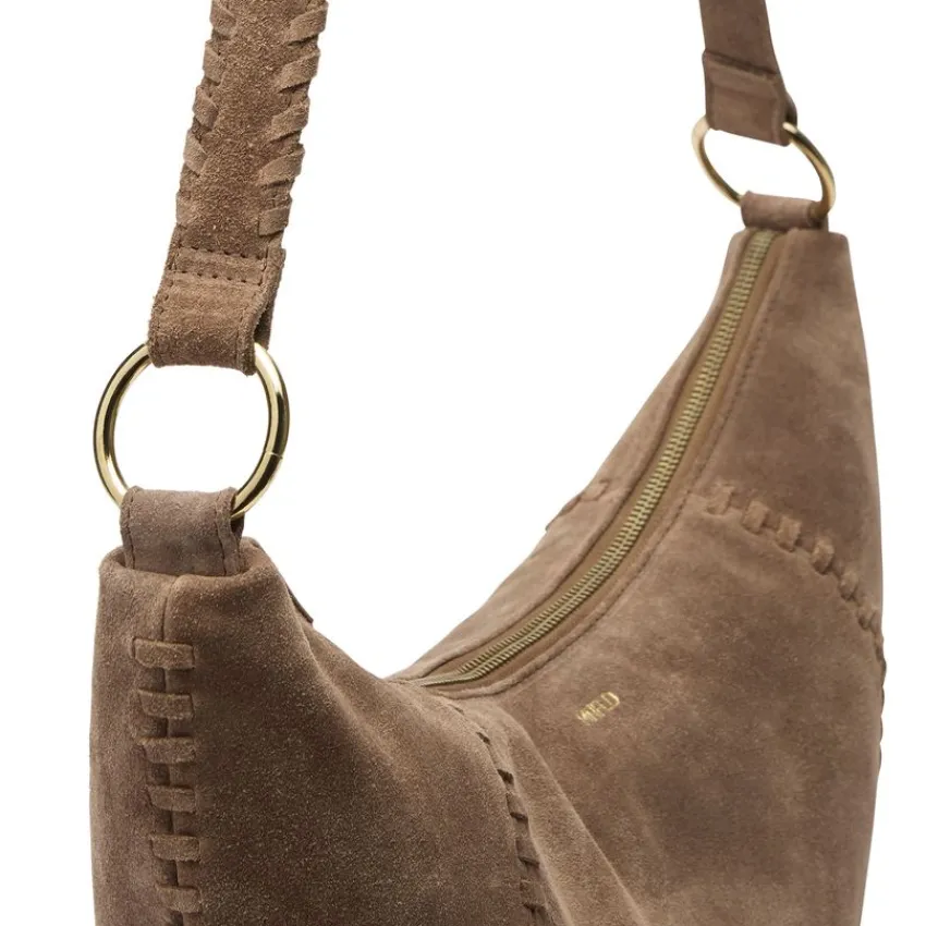 Manfield Taupe suède schoudertas^ Schoudertassen