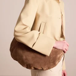 Manfield Taupe suède schoudertas^ Schoudertassen