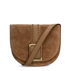 Manfield Taupe suède schoudertas met gesp^ Schoudertassen