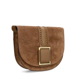 Manfield Taupe suède schoudertas met gesp^ Schoudertassen