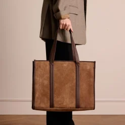 Manfield Taupe suède shopper met leren details^ Shoppers