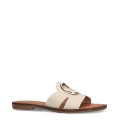 Manfield Witte leren slippers met chain^DAMES Slippers