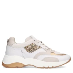Manfield Witte leren sneaker met gouden glitter^DAMES Sneakers