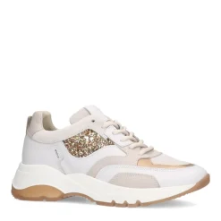 Manfield Witte leren sneaker met gouden glitter^DAMES Sneakers