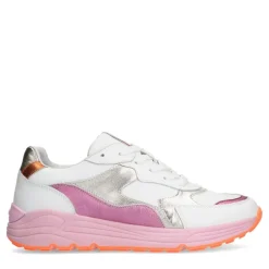 Manfield Witte leren sneakers met roze en metallic details^DAMES Sneakers