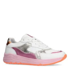 Manfield Witte leren sneakers met roze en metallic details^DAMES Sneakers