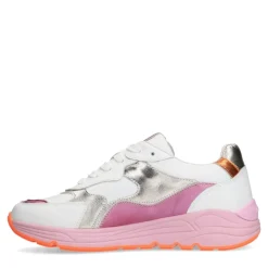 Manfield Witte leren sneakers met roze en metallic details^DAMES Sneakers