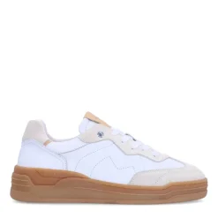 Manfield Witte leren sneakers met beige suéde details^DAMES Sneakers
