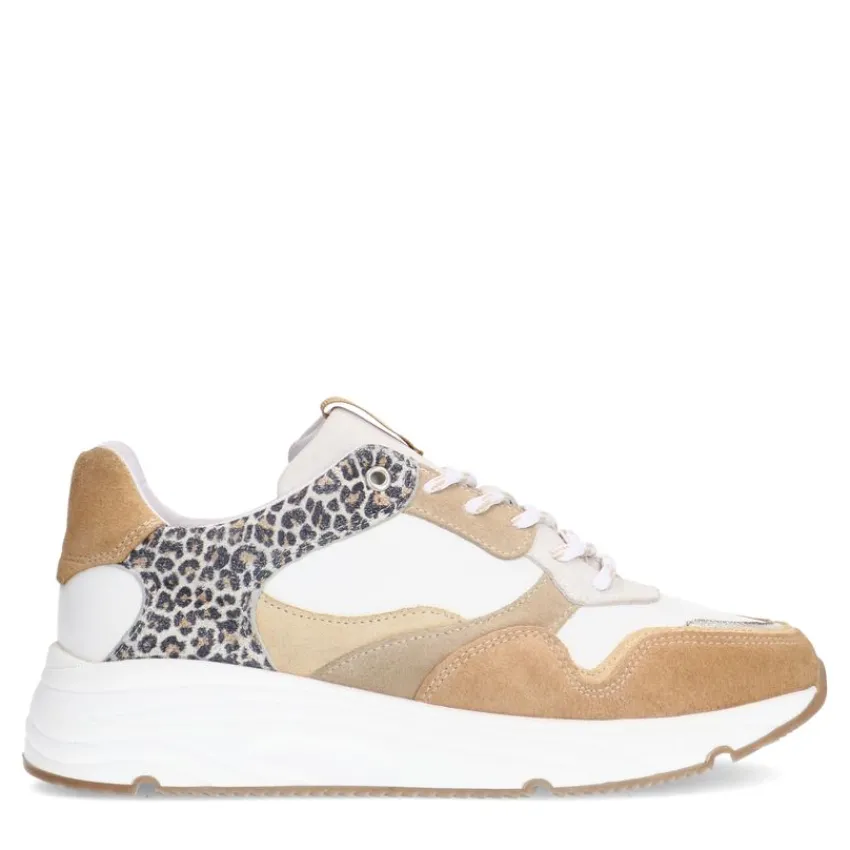 Manfield Witte leren sneakers met leopard details^DAMES Sneakers