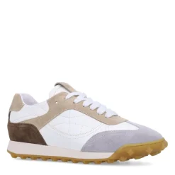 Manfield Witte leren sneakers met taupe suède details^DAMES Sneakers