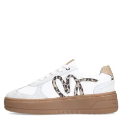 Manfield Witte leren sneakers met leopard details^DAMES Sneakers