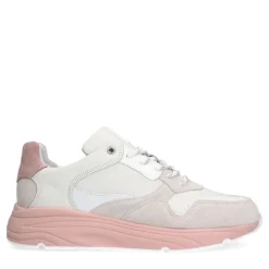Manfield Witte leren sneakers met roze zool^DAMES Sneakers