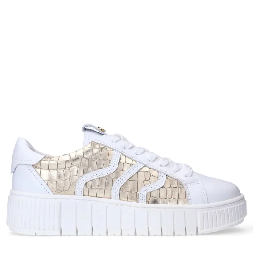 No Stress Witte leren sneakers met gouden croco details^DAMES Sneakers