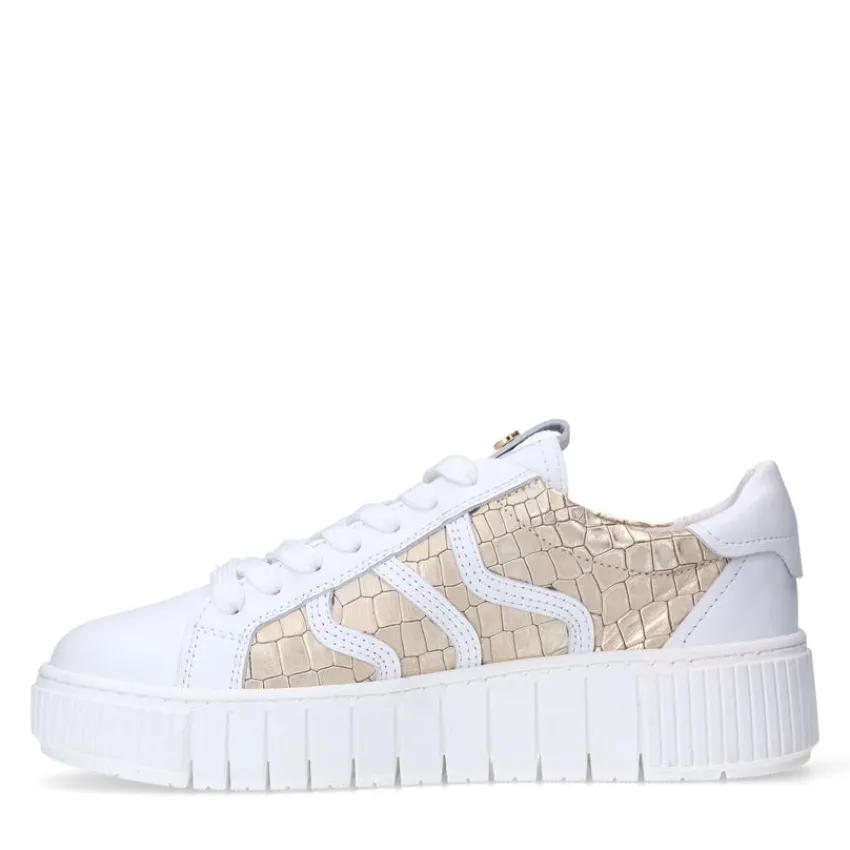 No Stress Witte leren sneakers met gouden croco details^DAMES Sneakers