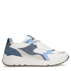 Manfield Witte leren sneakers met blauwe details^DAMES Sneakers