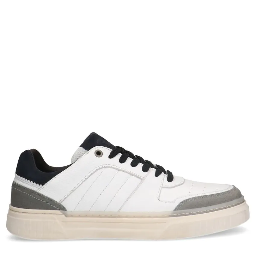 Manfield Witte leren sneakers met zwarte details^Heren Sneakers