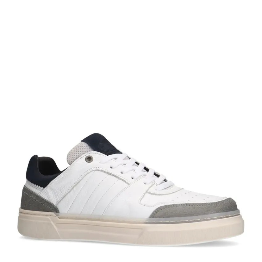 Manfield Witte leren sneakers met zwarte details^Heren Sneakers