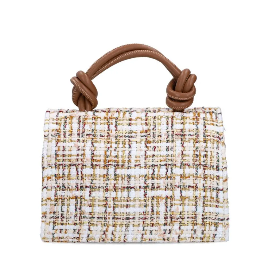 Manfield Witte stoffen handtas met gouden details^ Schoudertassen