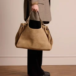 Manfield Zandkleurige suède shopper^ Shoppers