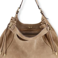 Manfield Zandkleurige suède shopper^ Shoppers