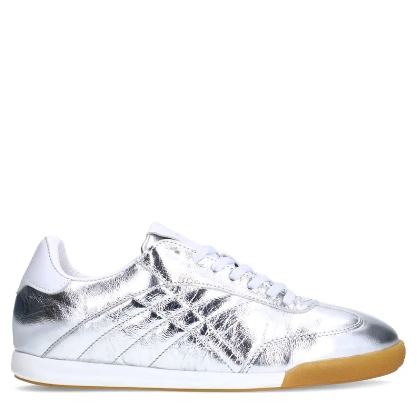 Manfield Zilveren leren metallic sneakers^DAMES Sneakers