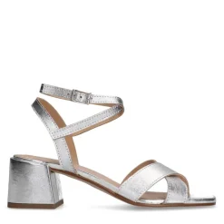 Manfield Zilveren leren sandalen met hak^DAMES Sandalen