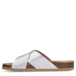 Manfield Zilveren leren slippers^DAMES Slippers