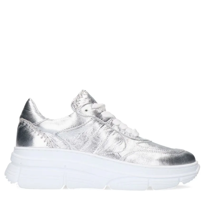 Manfield Zilveren leren sneakers^DAMES Sneakers