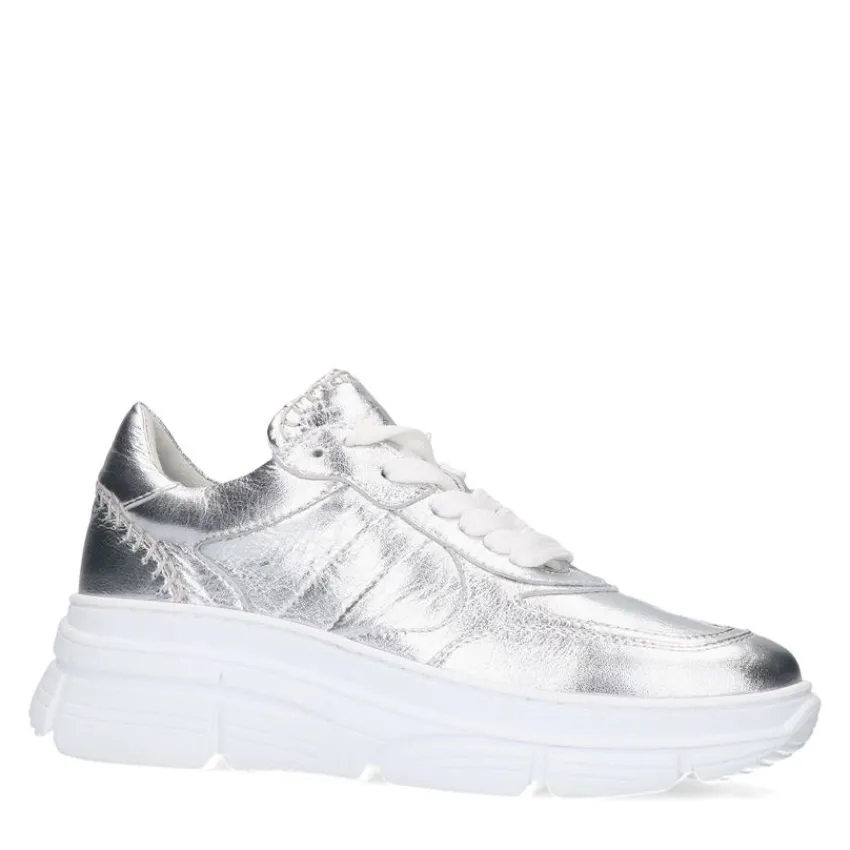 Manfield Zilveren leren sneakers^DAMES Sneakers