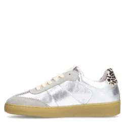 Manfield Zilveren leren sneakers met leopard details^DAMES Sneakers