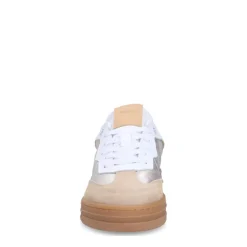 Manfield Zilveren leren sneakers met beige suède details^DAMES Sneakers
