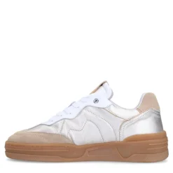 Manfield Zilveren leren sneakers met beige suède details^DAMES Sneakers