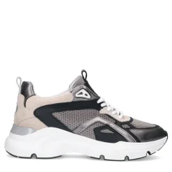 Manfield Zilverkleurige leren sneakers met mesh details^DAMES Sneakers