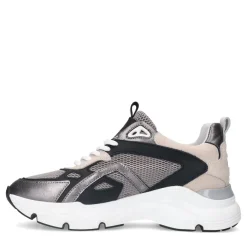 Manfield Zilverkleurige leren sneakers met mesh details^DAMES Sneakers