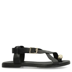 Manfield Zwart leren sandalen met goudkleurig detail^DAMES Sandalen