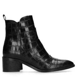 Manfield Zwarte enkellaarsjes met crocoprint^DAMES Enkellaarsjes