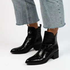 Manfield Zwarte enkellaarsjes met crocoprint^DAMES Enkellaarsjes