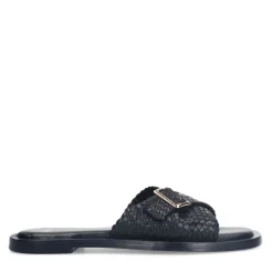 Manfield Zwarte gevlochten slippers met gesp^DAMES Slippers