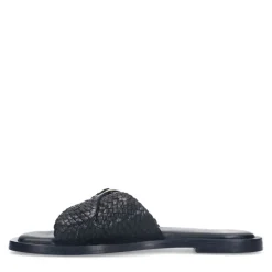 Manfield Zwarte gevlochten slippers met gesp^DAMES Slippers