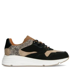 Manfield Zwarte lage sneakers met cheetahprint^DAMES Sneakers