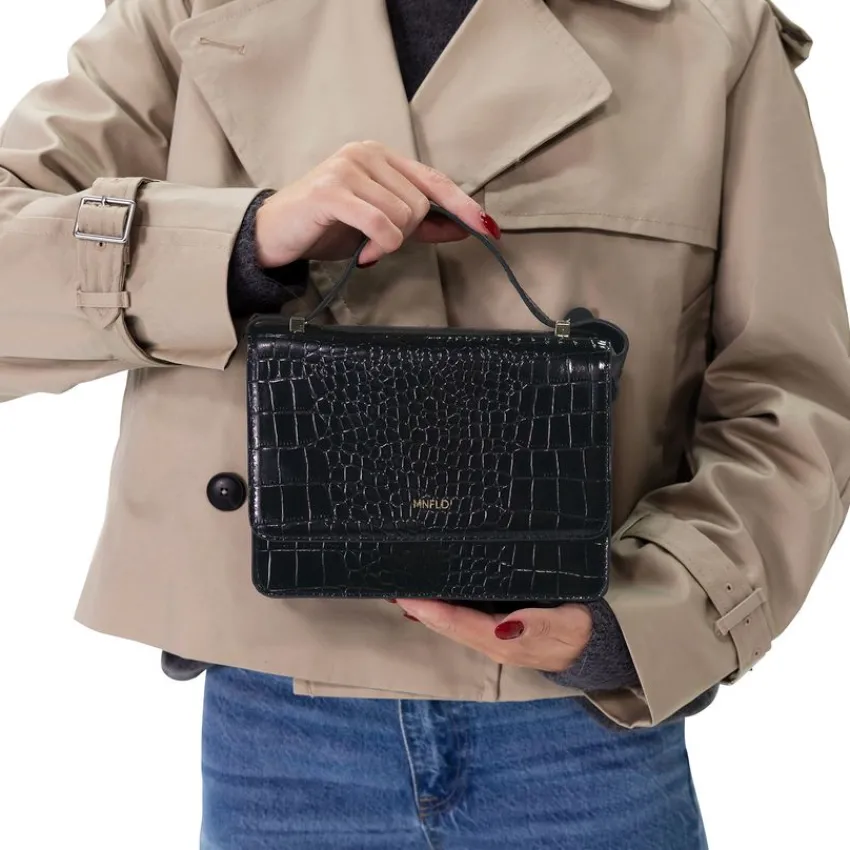 Manfield Zwarte lakleren croco schoudertas^ Schoudertassen