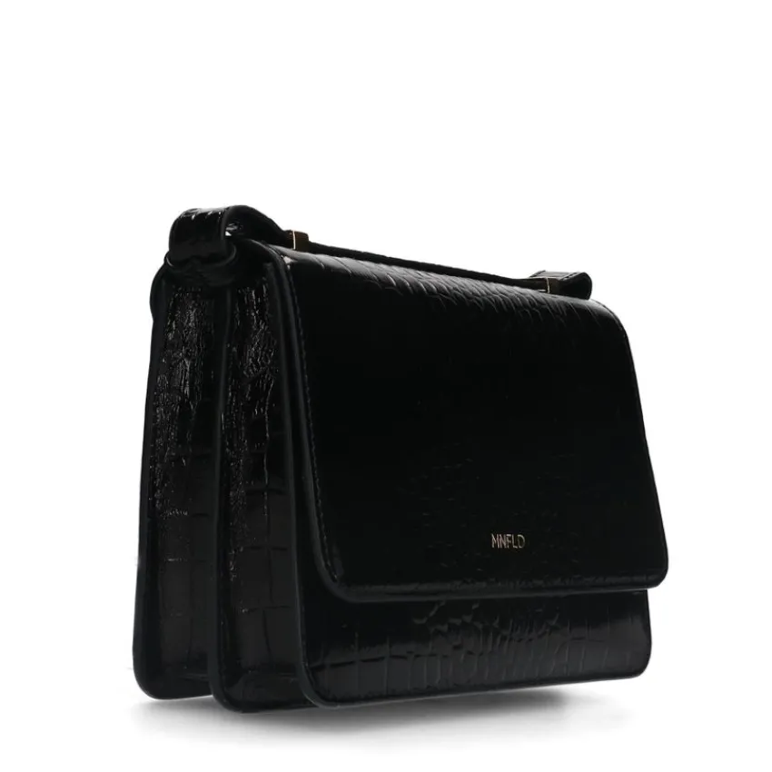 Manfield Zwarte lakleren croco schoudertas^ Schoudertassen