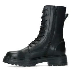 Manfield Zwarte leren biker boots met veters^DAMES Enkellaarsjes