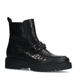 No Stress Zwarte leren boots met crocoprint en chain^DAMES Enkellaarsjes