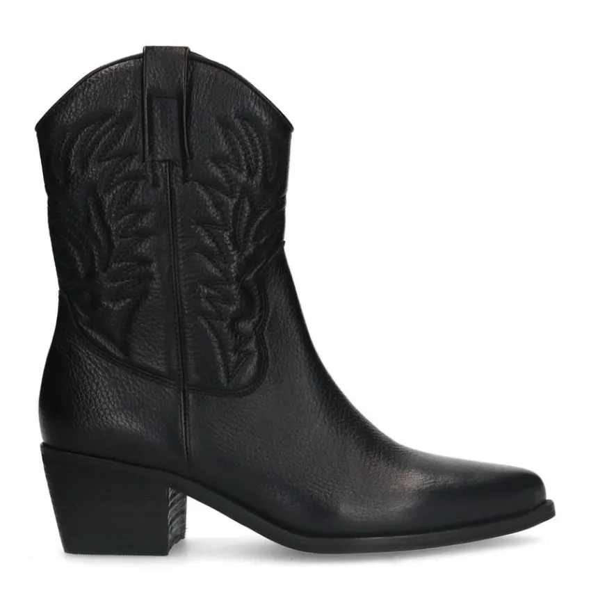 Manfield Zwarte leren cowboy laarzen^DAMES Enkellaarsjes