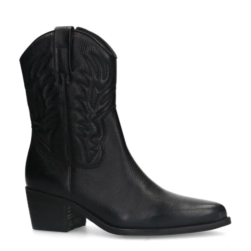 Manfield Zwarte leren cowboy laarzen^DAMES Enkellaarsjes