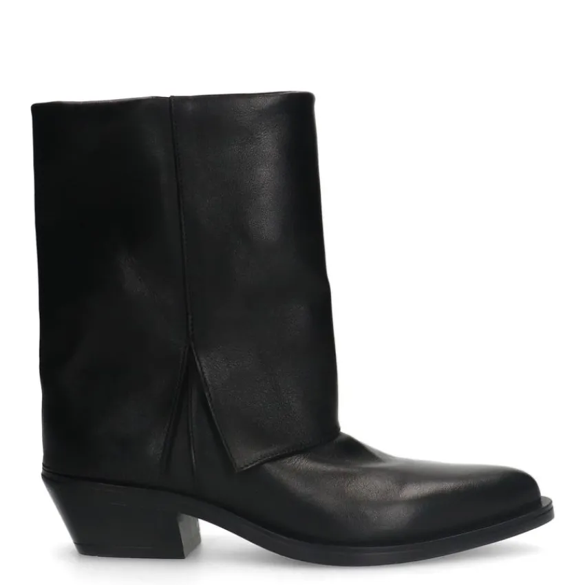Manfield Zwarte leren cowboy laarzen met flap^DAMES Enkellaarsjes
