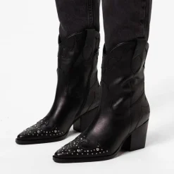 Manfield Zwarte leren cowboy laarzen met zilveren studs^DAMES Enkellaarsjes